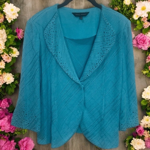 Vintage Ming Wang Turquoise Blue Beaded Three Quarter Sleeve Cardigan Size S - Picture 1 of 11